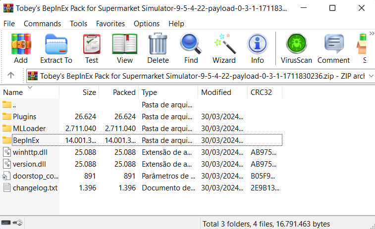 Arquivo zipado do Tobey's BepInEx Pack for Supermarket Simulator